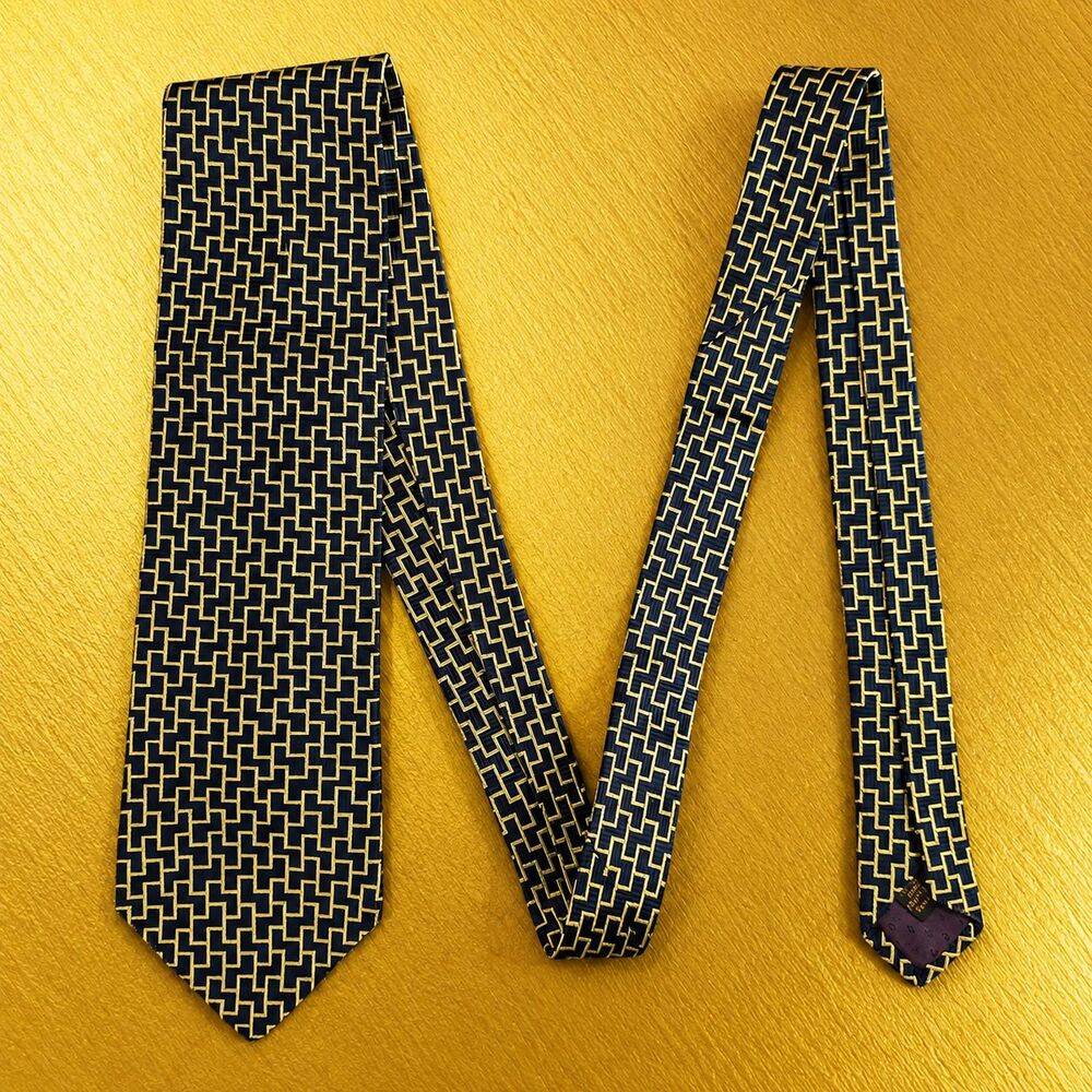 Vintage Dion Signature Italian Silk Neck Tie Necktie Dark Blue Gold Geometric